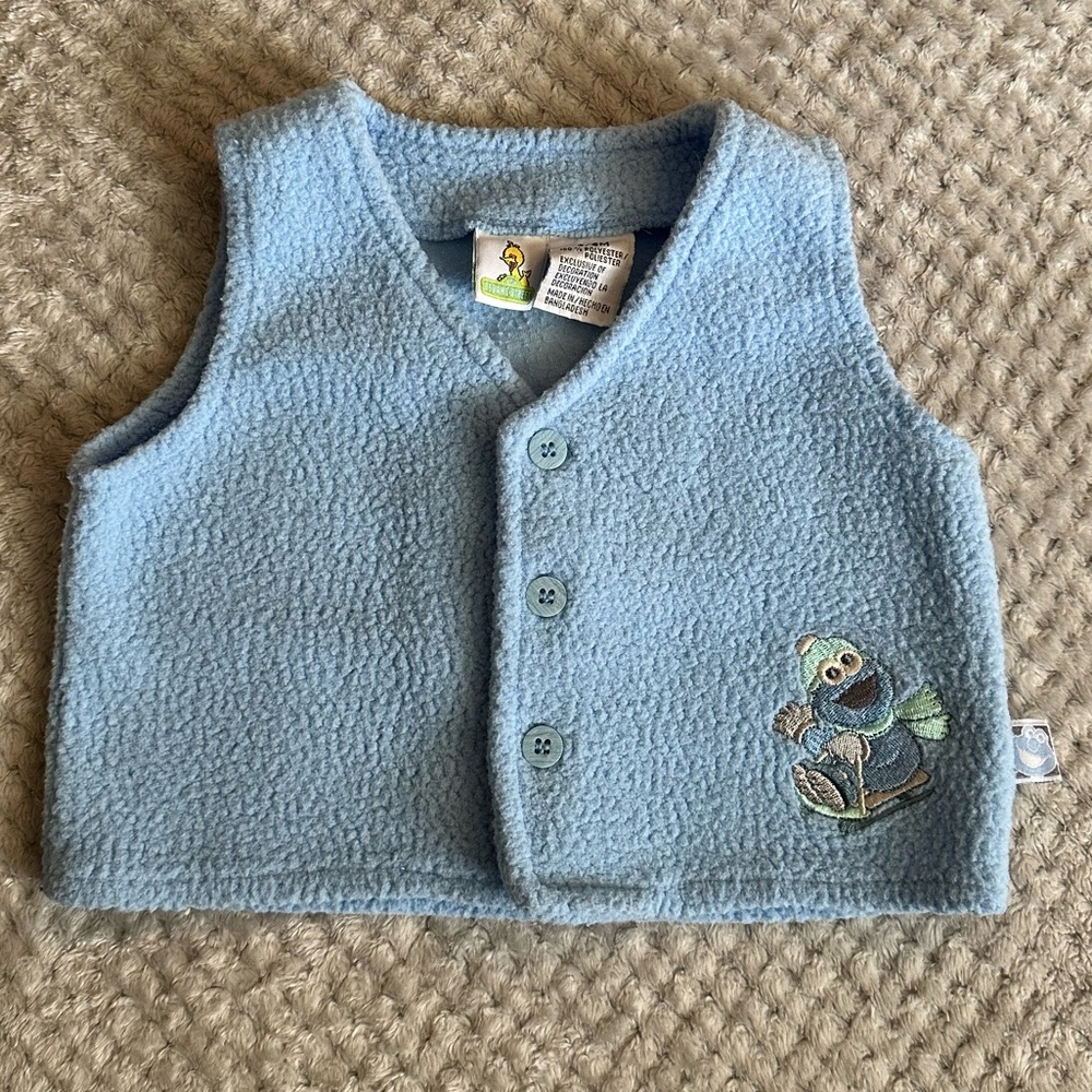 Vintage 90s Sesame Street Cookie Monster Baby Fleece Vest 3-6 Months CTW
